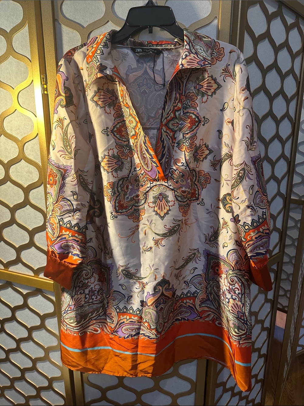 Zara Paisley V-Neck Tunic in Orange, Purple, Cream